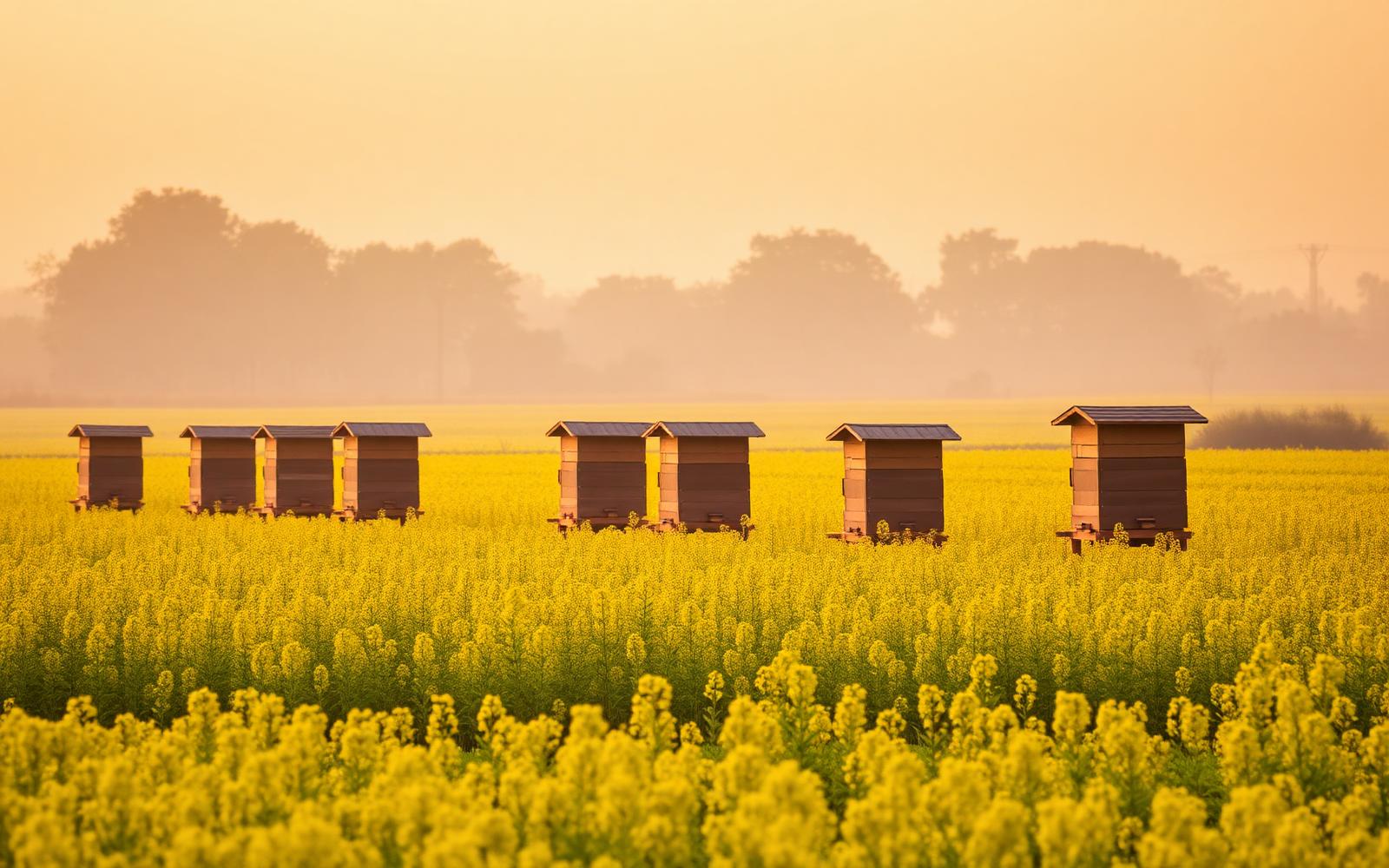 Beehives in mustard fields at sunrise