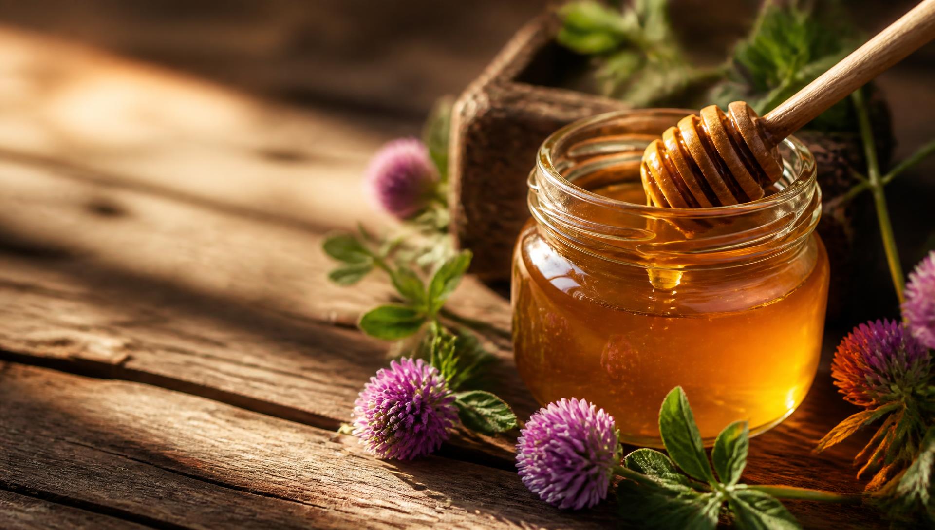 Golden honey jar with a wooden dipper on a rustic farm table